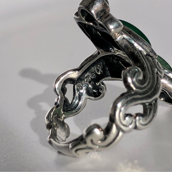 [vintage] Ornate .925 Sterling Silver Peridot, Prehnite & Malachite Ring Size 8 - Picture 8 of 16